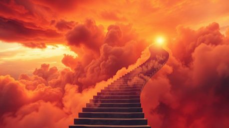 A captivating image depicting a dramatic journey into the unknown, featuring a winding stairway crafted from smoke and light 
