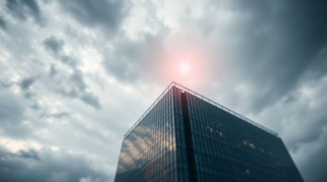A stunning visual concept depicting a modern glass building seamlessly dissolving into a dramatic stormy sky. The image featu