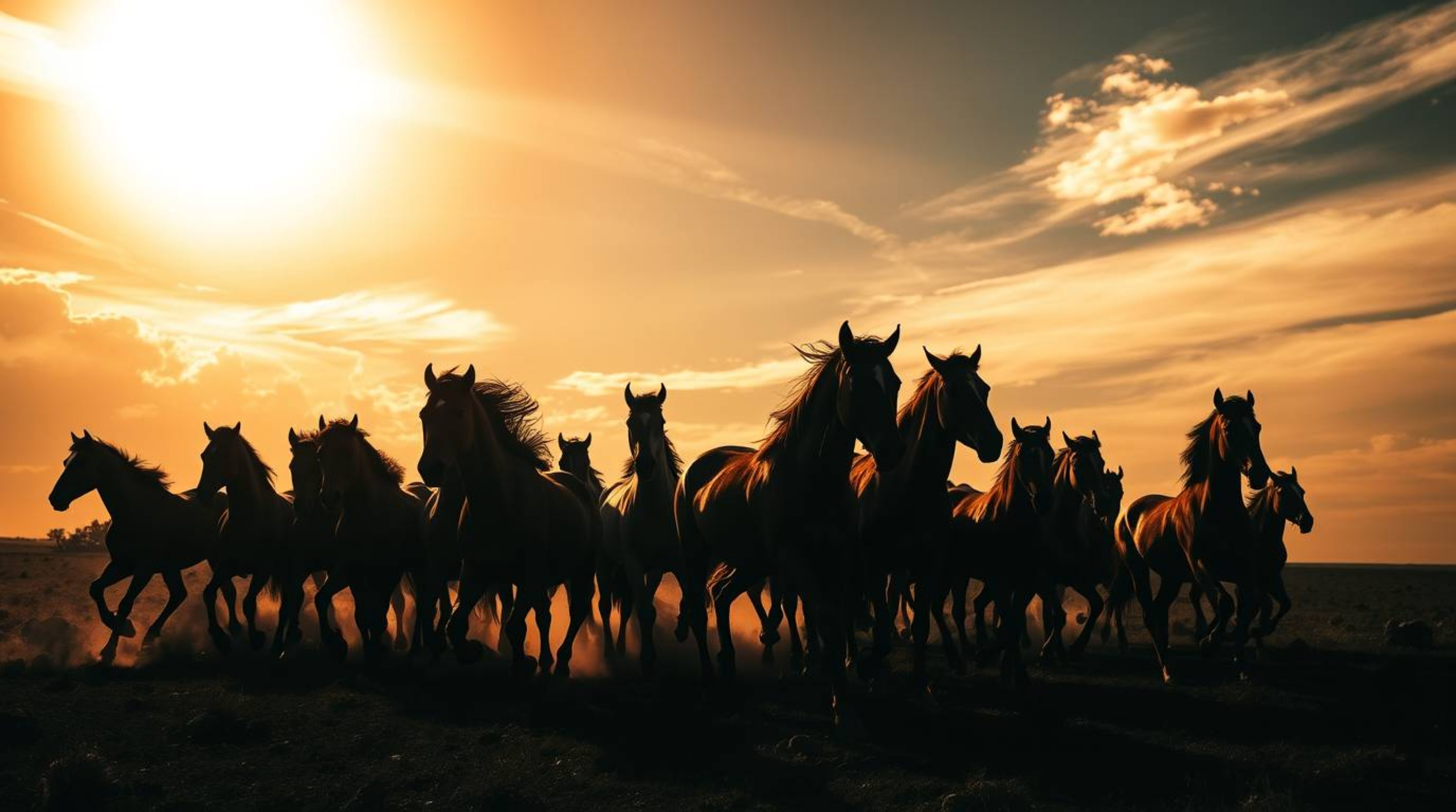 Experience the raw power and beauty of nature with this high contrast, low key image showcasing a herd of wild horses running