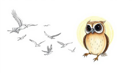 A heartwarming hand-drawn sketch in the style of Pixar depicts a blind owl with soft, expressive features and light brown plu