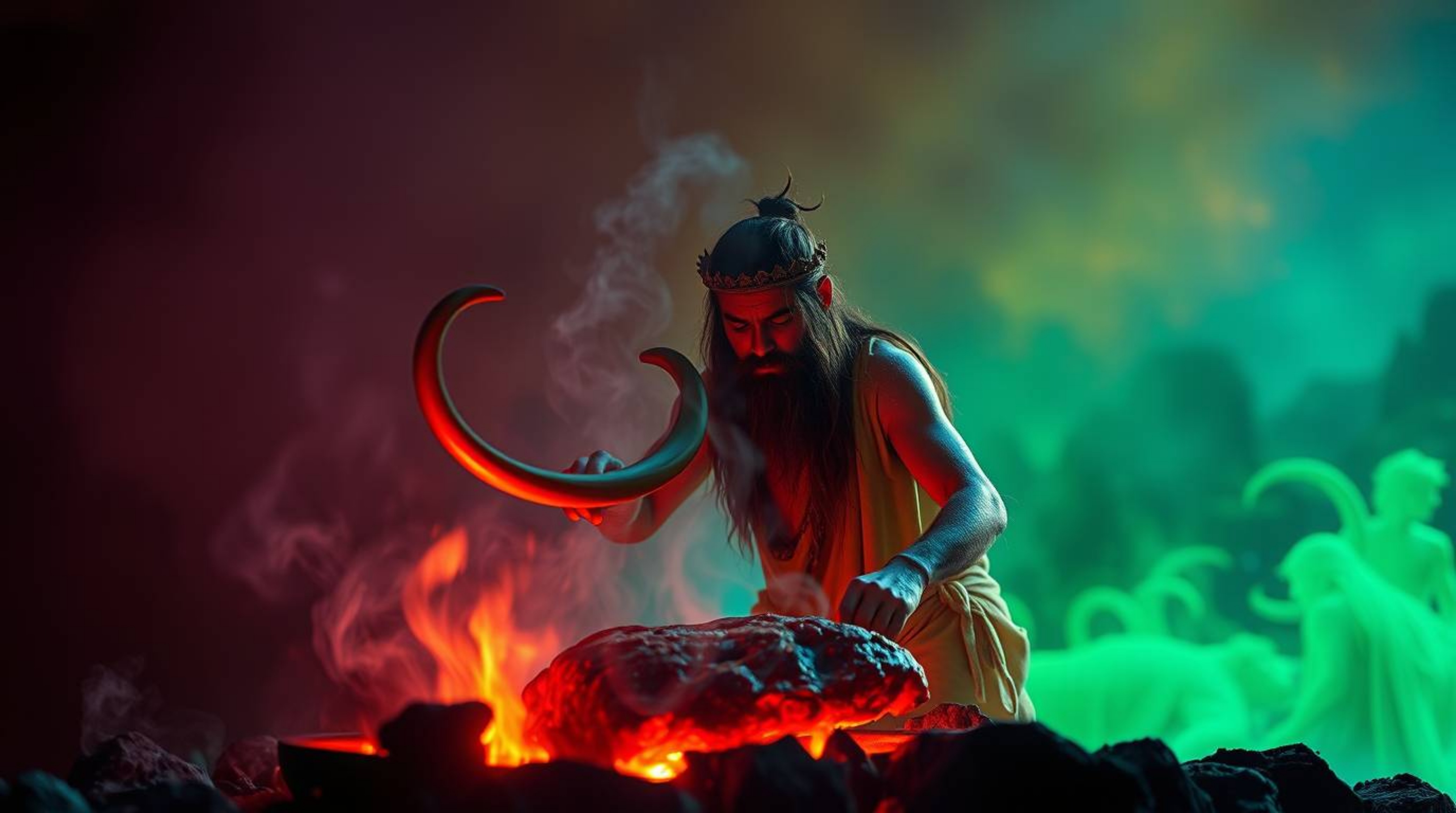 Experience an ethereal spiritual vibe as a caveman cooks mammoth meat with vibrant complementary and contrasting colors. This