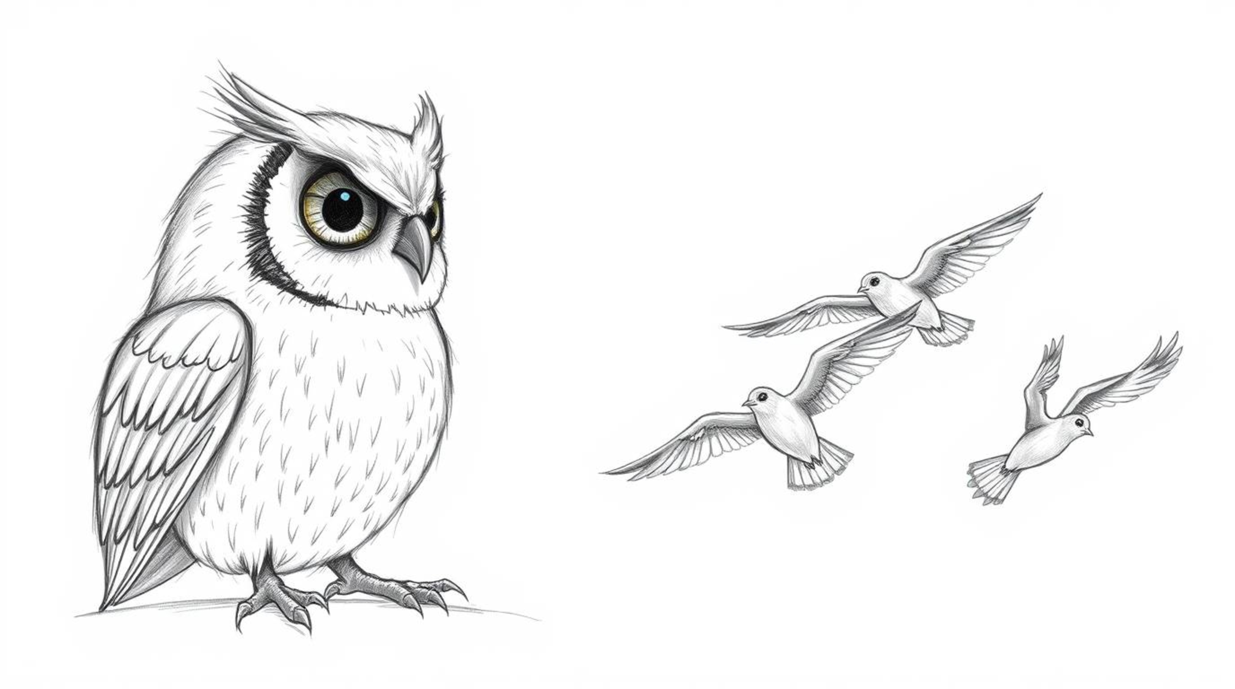 A heartwarming hand-drawn sketch in the style of Pixar depicts a blind owl, rendered with soft, textured pencil strokes, pati