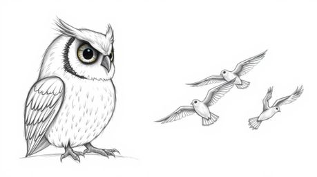 A heartwarming hand-drawn sketch in the style of Pixar depicts a blind owl, rendered with soft, textured pencil strokes, pati