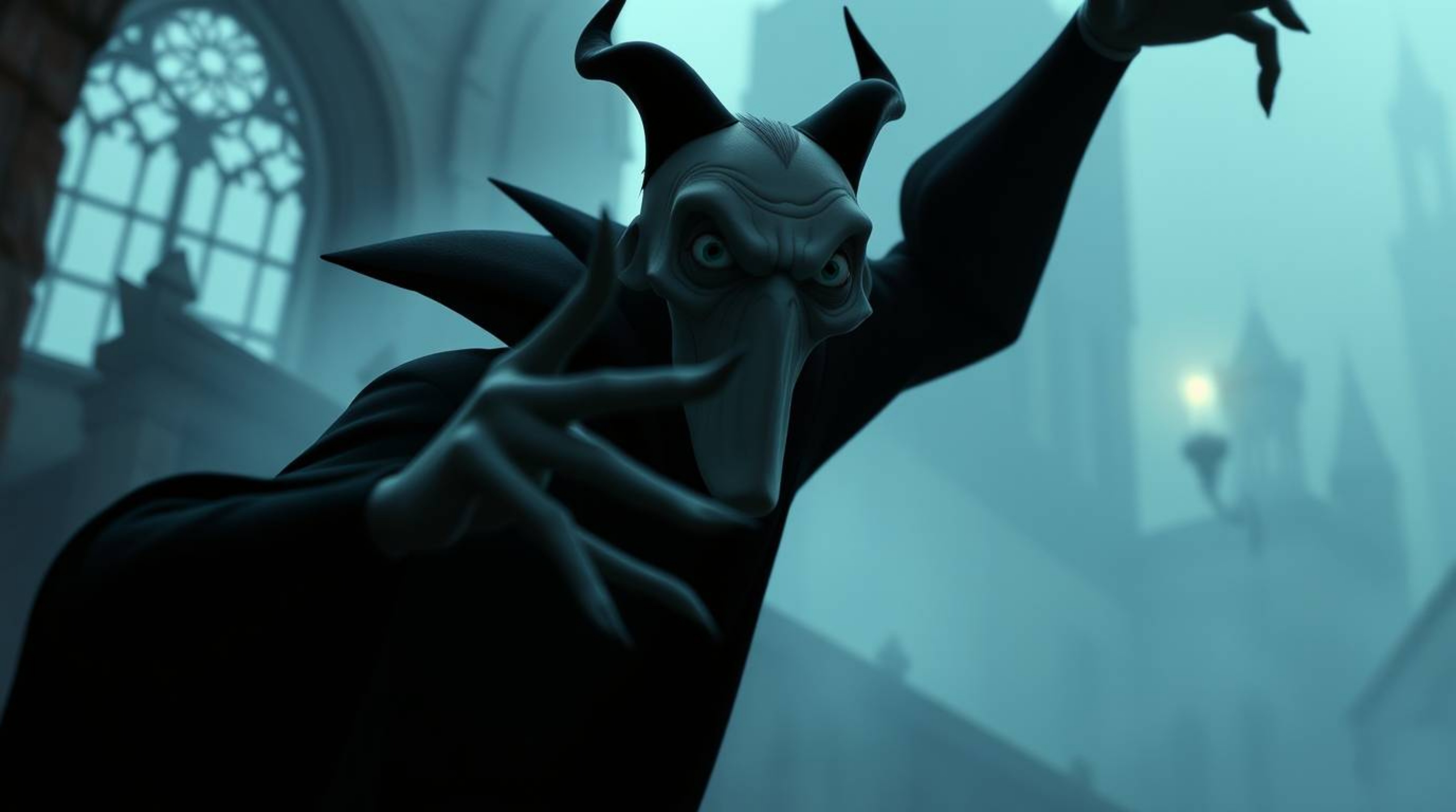 A captivating digital painting of a classic Disney villain, gaunt and dark-eyed, casting a spell within a misty, ancient cast