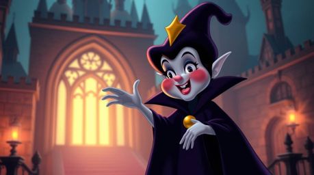 A classic Disney villain with rosy cheeks casts a spell within the ancient walls of an old castle, showcasing smooth gradient