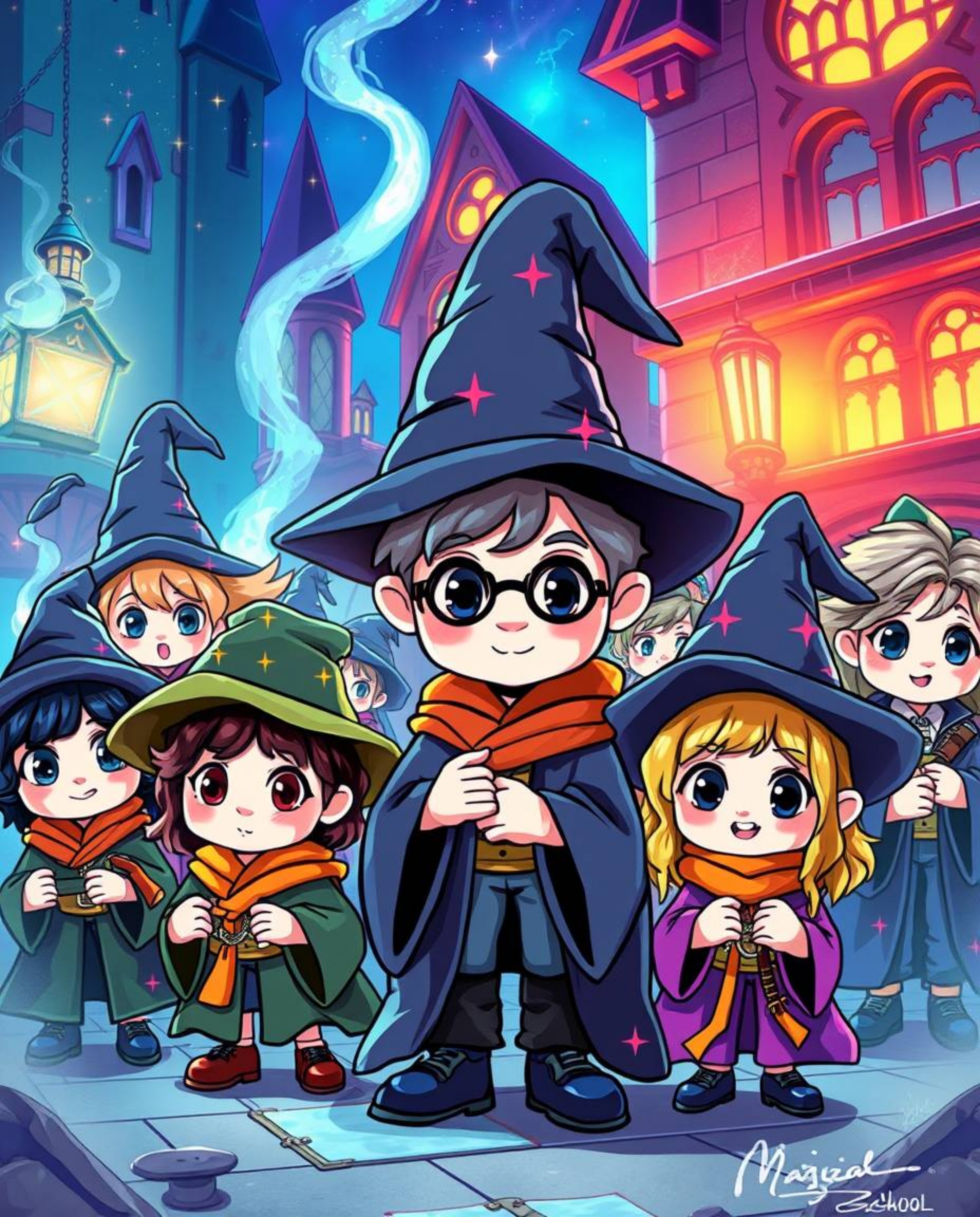 Immerse yourself in a magical school teeming with adorable and charming young wizards, brought to life in electric, vivid col