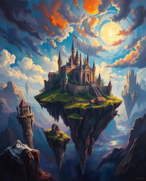 A classic oil painting depicts a vibrant fantasy kingdom with floating islands and majestic castles. The artwork features in