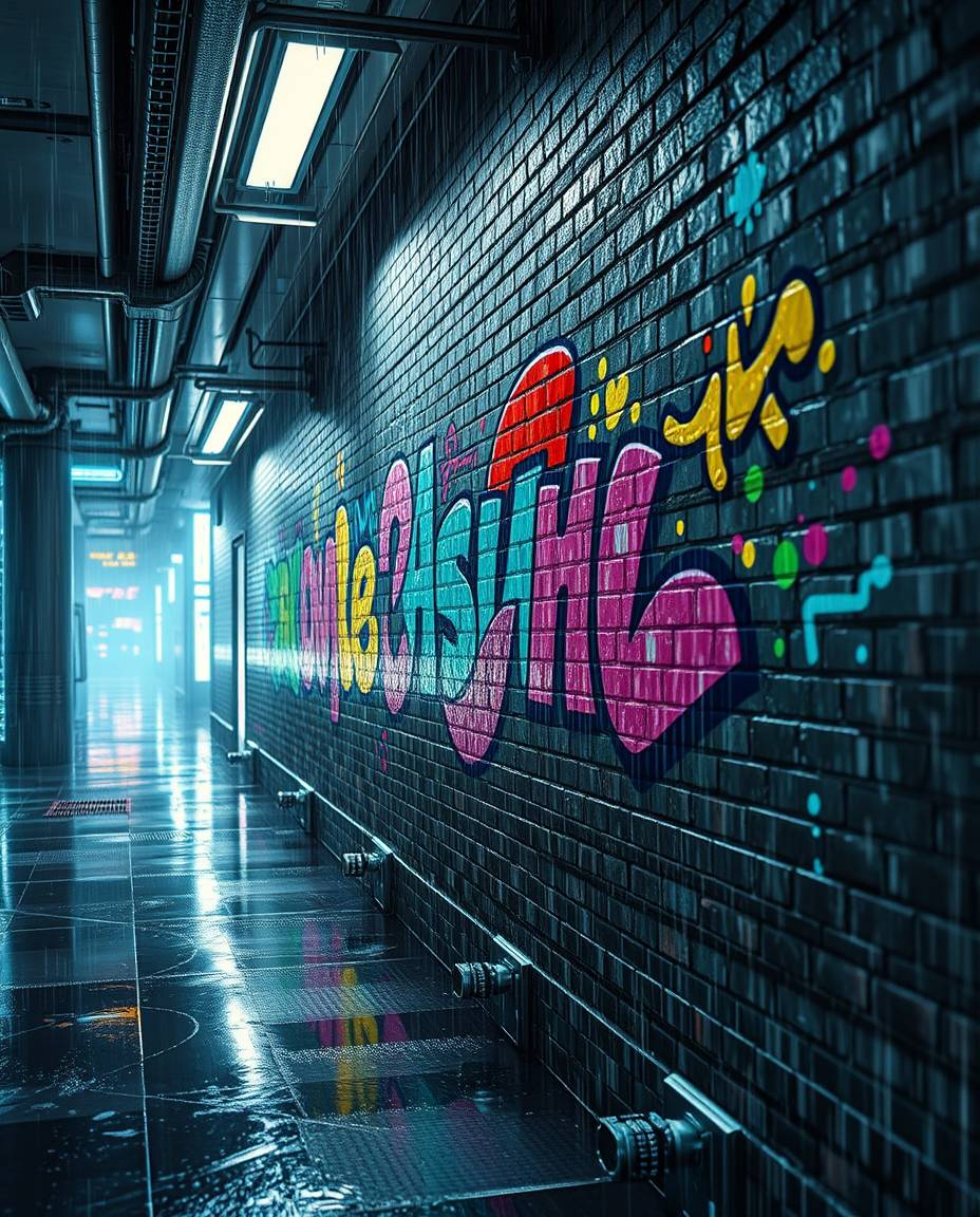 Immerse yourself in a futuristic sci-fi scene depicting a rainy brick wall dynamically adorned with vibrant, graffiti-style s
