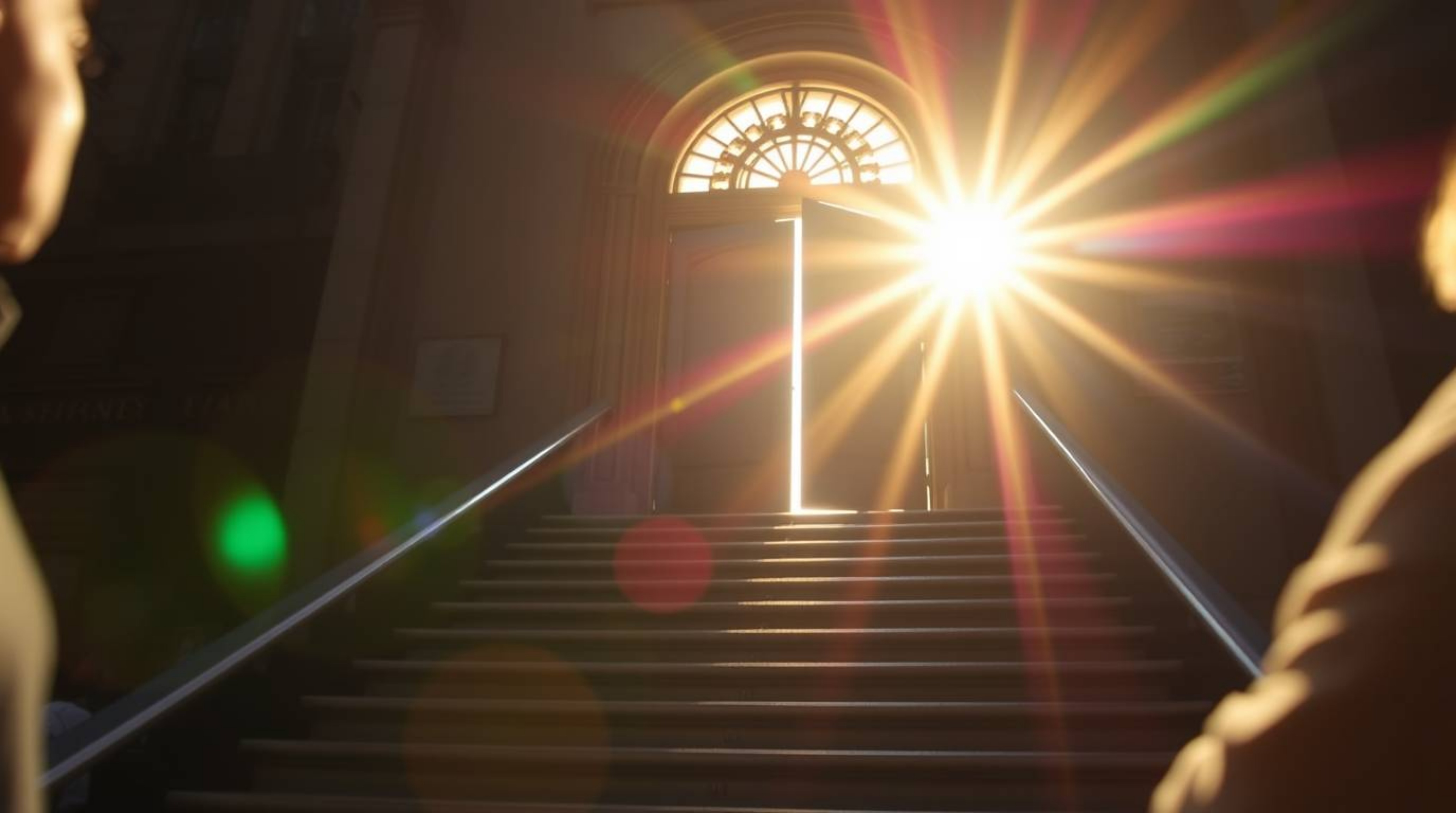 A captivating candid street photography shot featuring a close-up of a heavenly gate with stairs ascending towards it, bathed