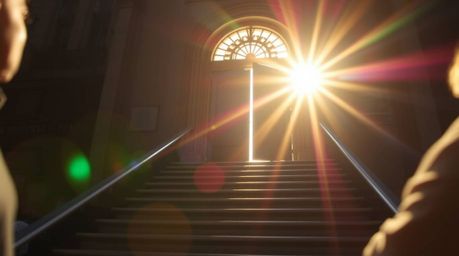 A captivating candid street photography shot featuring a close-up of a heavenly gate with stairs ascending towards it, bathed