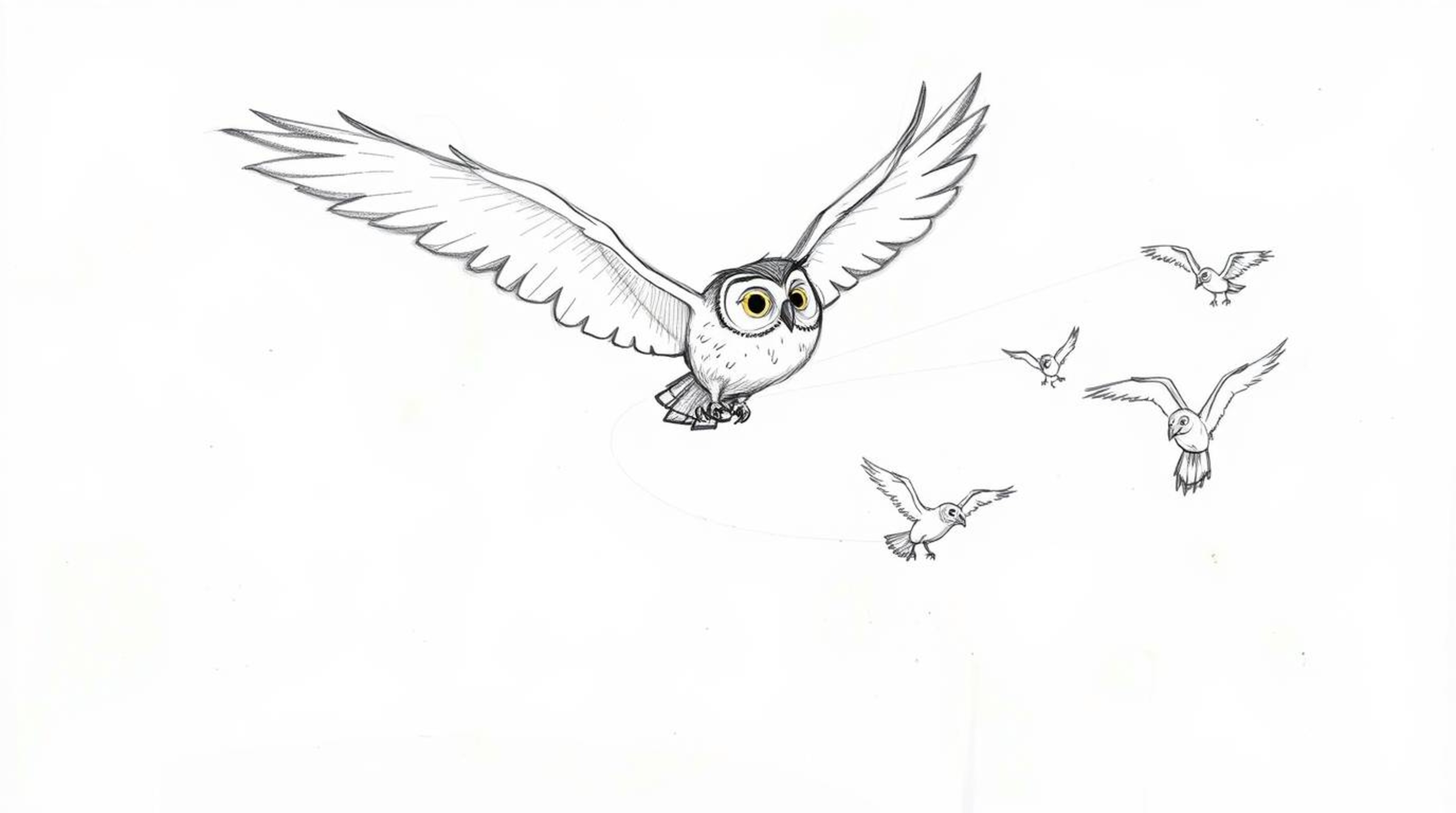 A captivating hand-drawn sketch in the iconic Pixar style depicts a blind owl mid-flight, selflessly teaching a group of bird