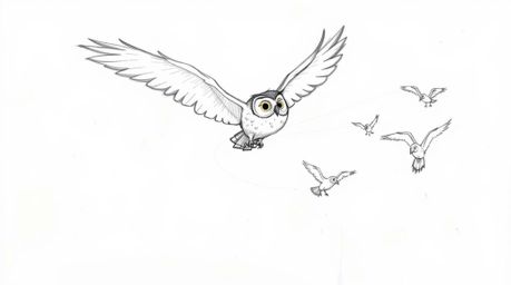 A captivating hand-drawn sketch in the iconic Pixar style depicts a blind owl mid-flight, selflessly teaching a group of bird