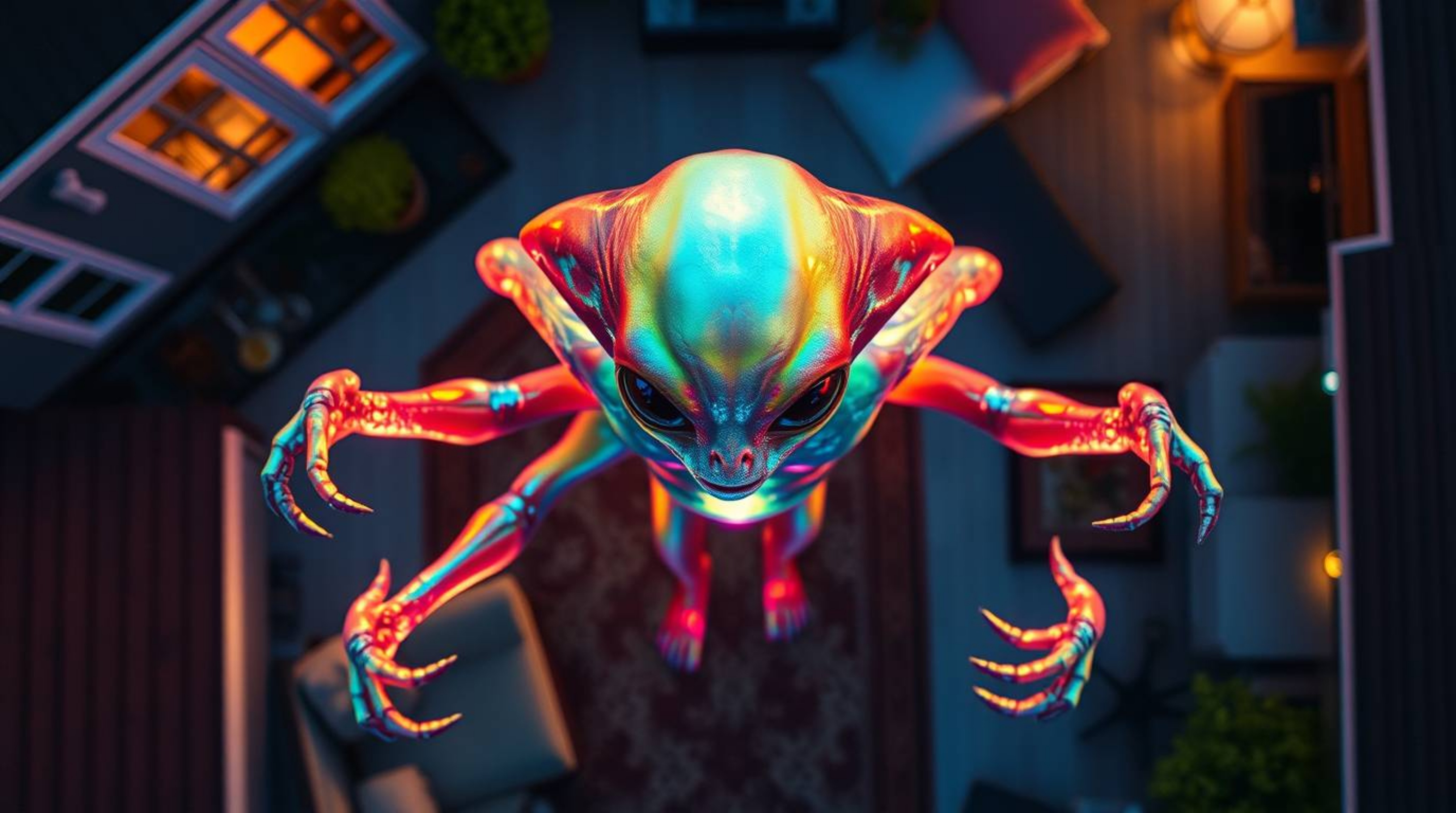 A bioluminescent alien with four arms resides in a typical suburban house, viewed from an overhead perspective showcasing iri