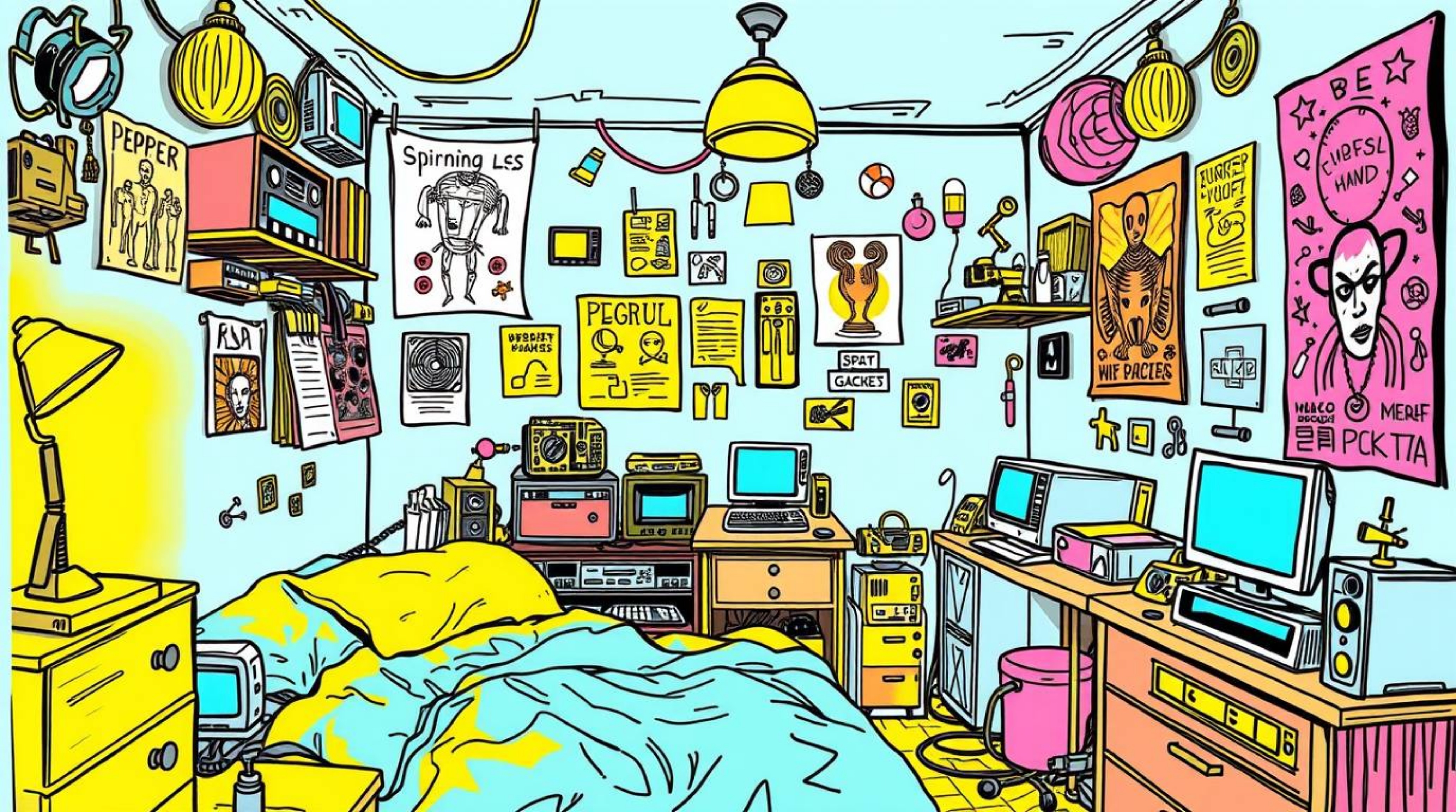A vibrant, hand-drawn sketch depicts a messy bedroom overflowing with weird gadgets and science fiction posters.  The sketchn