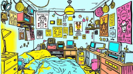 A vibrant, hand-drawn sketch depicts a messy bedroom overflowing with weird gadgets and science fiction posters.  The sketchn
