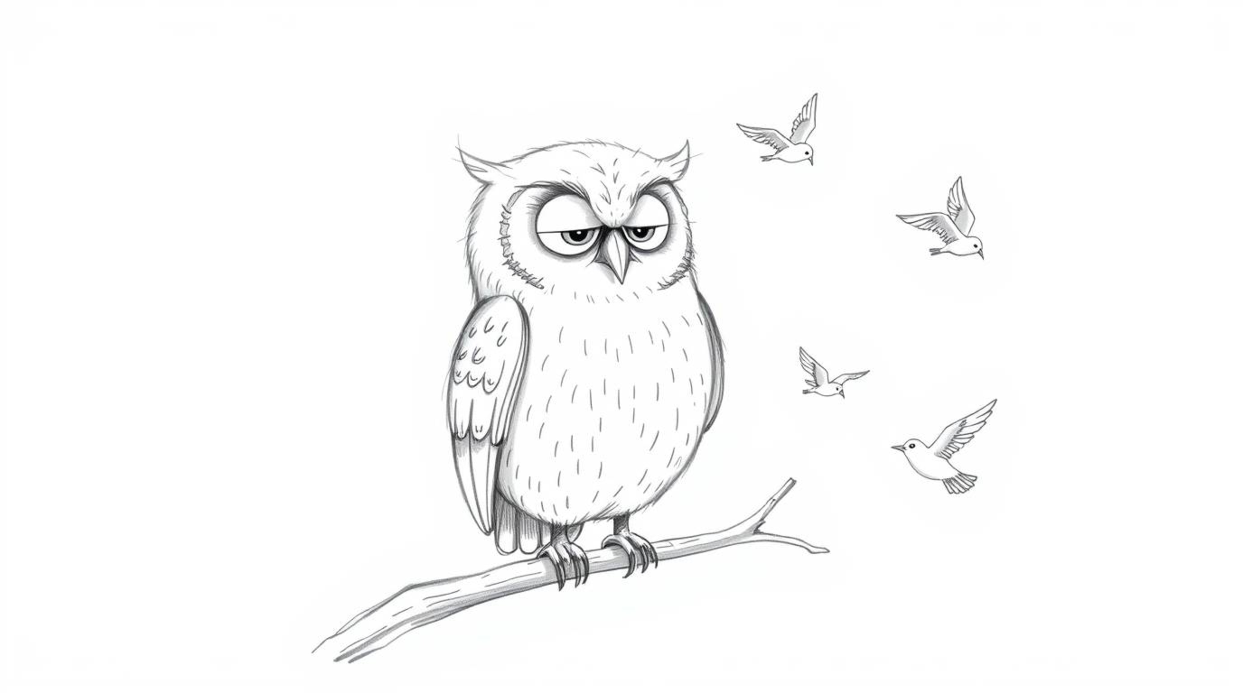 A whimsical hand-drawn sketch in the style of Pixar depicts a serene, blind owl with soft, feathery details, calmly perched a