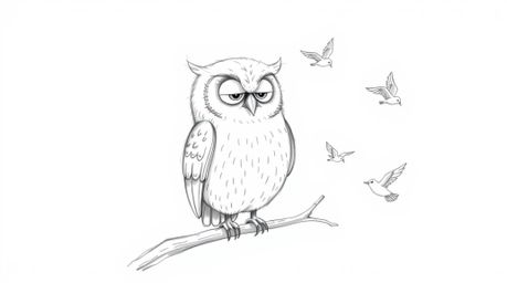 A whimsical hand-drawn sketch in the style of Pixar depicts a serene, blind owl with soft, feathery details, calmly perched a