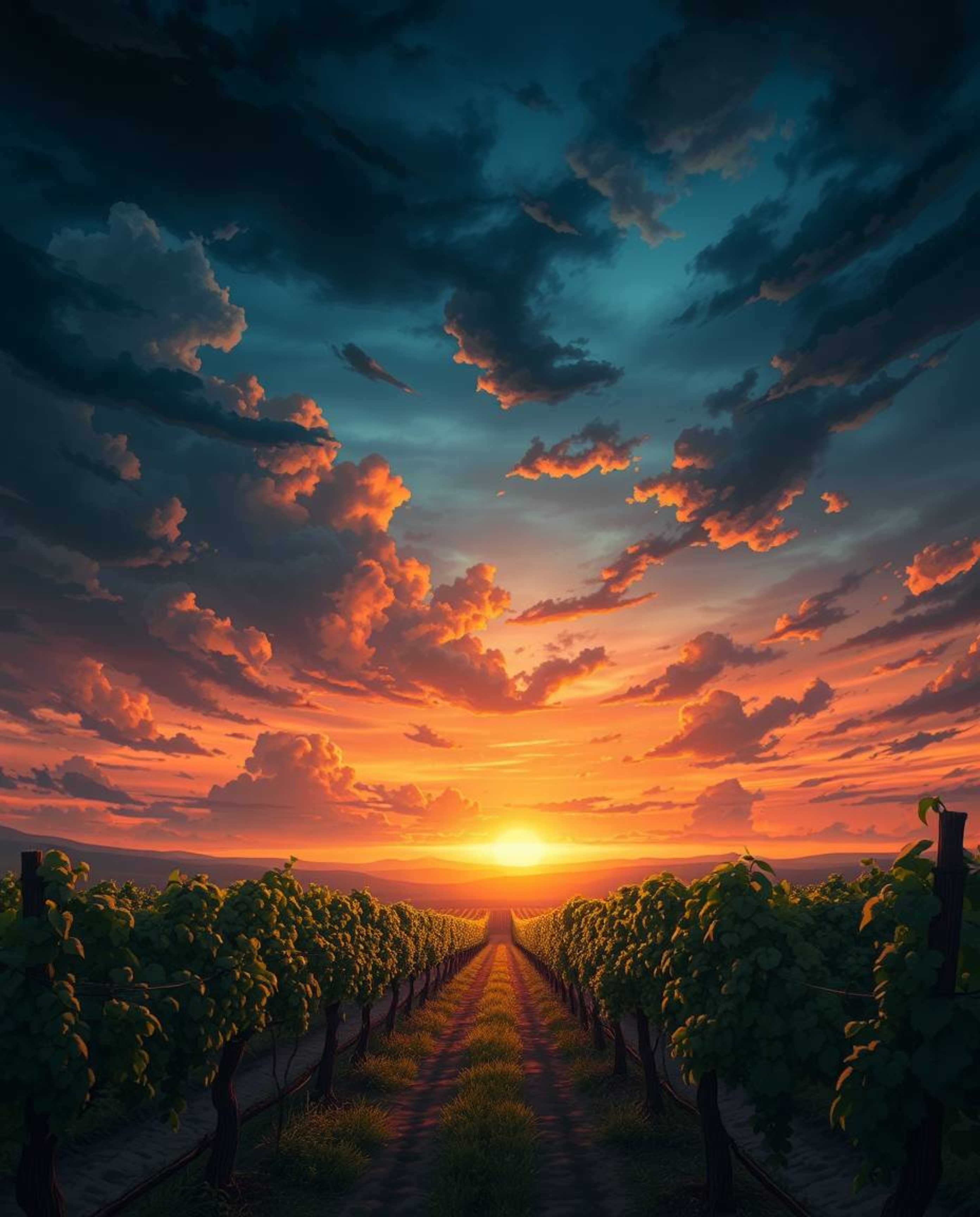 An isekai anime style artwork depicts a dramatic sunset over a vineyard with rows of grapevines. The expressive composition c