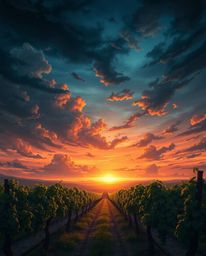 An isekai anime style artwork depicts a dramatic sunset over a vineyard with rows of grapevines. The expressive composition c