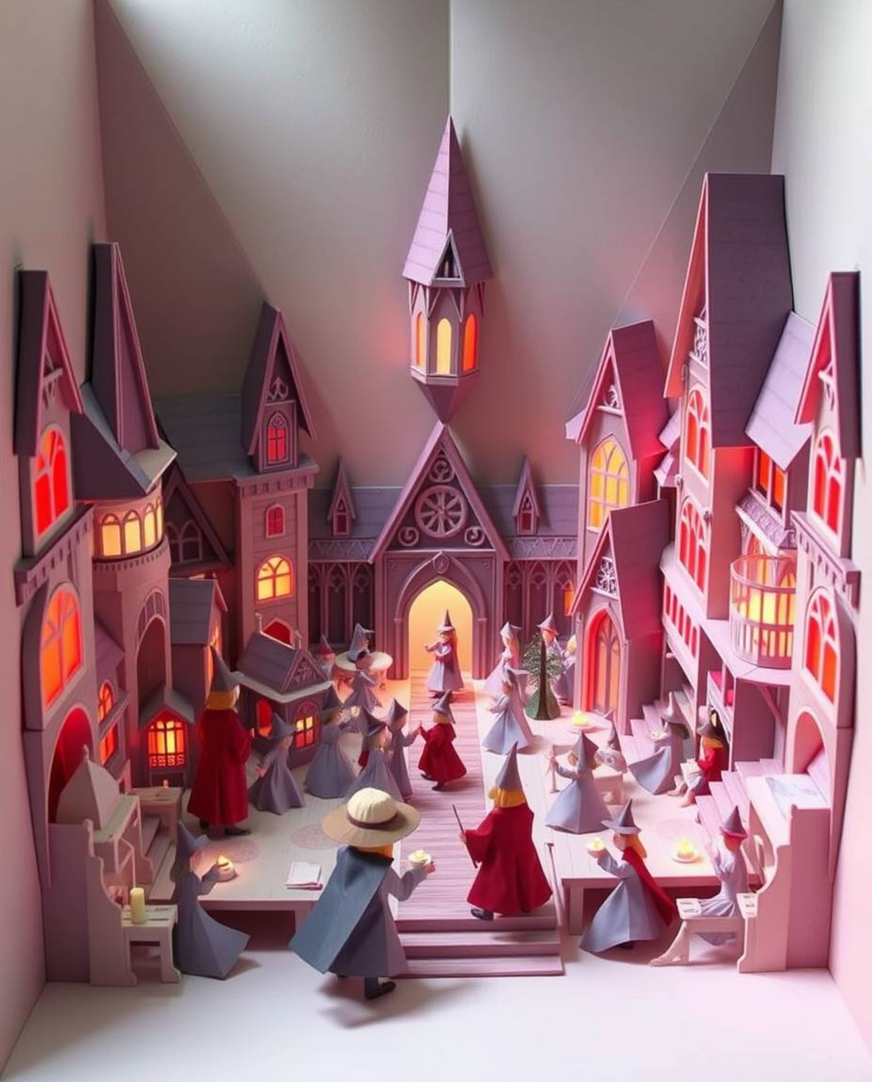Immerse yourself in a dreamlike world with this intricate origami-style illustration of a magical school brimming with young 