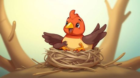 Delightful animation showcasing two adorable cartoon birds constructing a nest. Rendered in a classic animation style with s