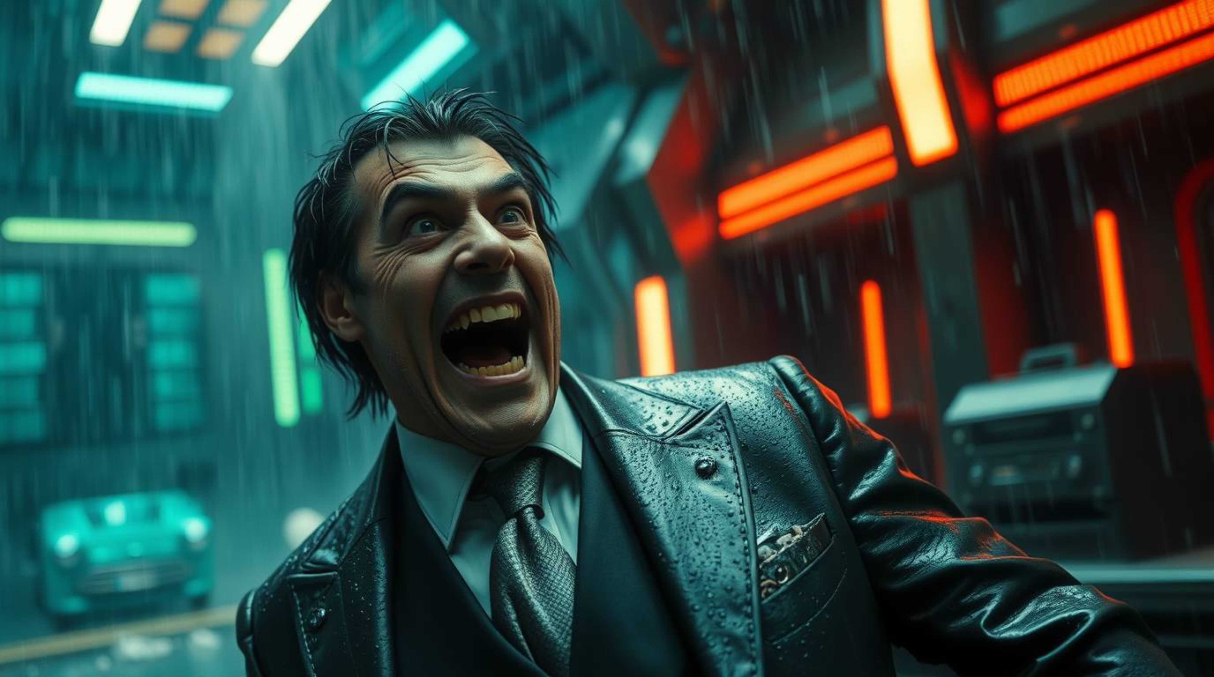 A comedic scene depicting a villain experiencing a hilarious meltdown in a sleek, high-tech lair during a downpour.  The scen