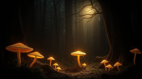 Immerse yourself in a vintage-style enchanted forest brought to life with striking chiaroscuro.  Glowing mushrooms illuminate