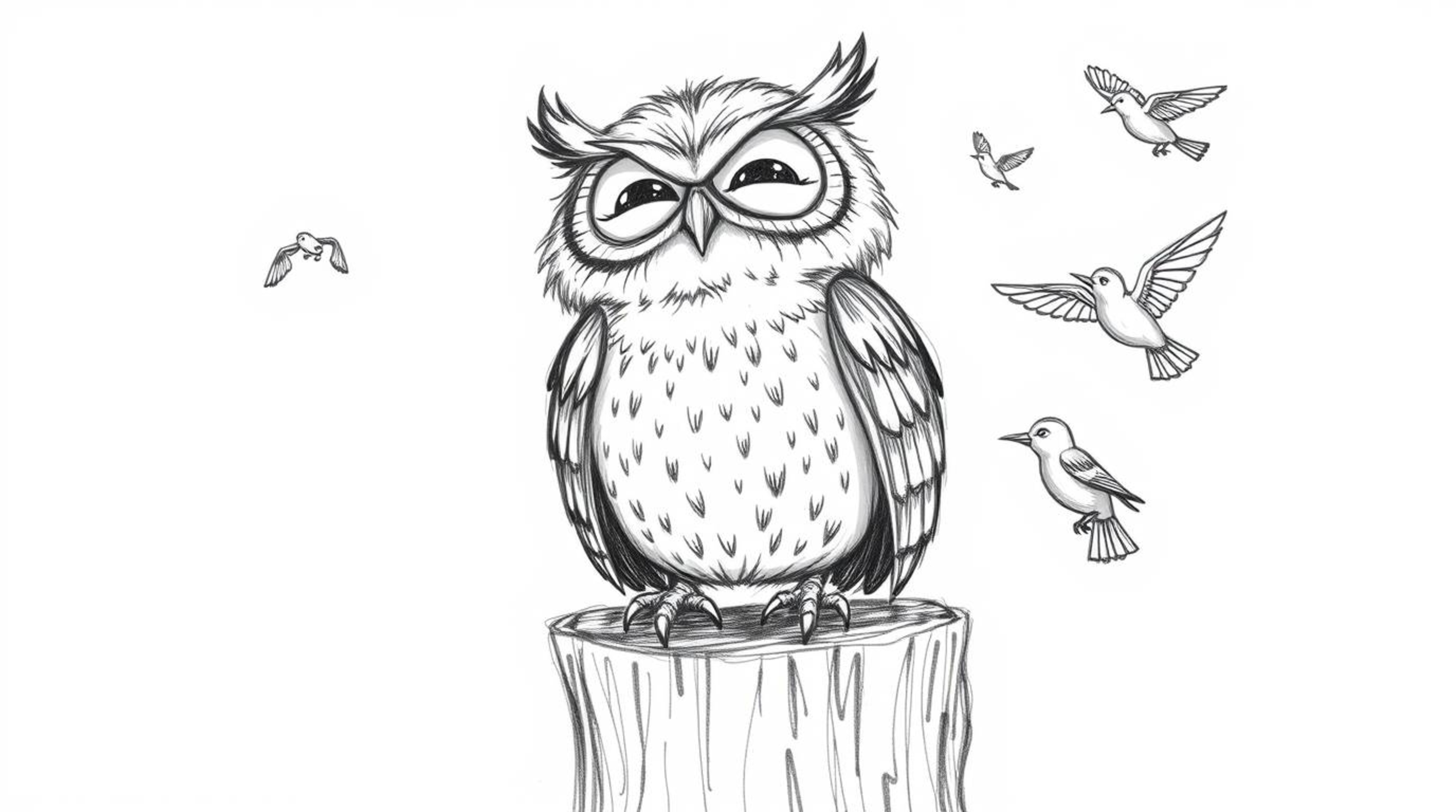 A charming hand-drawn pencil sketch in the style of Pixar showcases a blind owl perched on a tree stump, radiating joy as it 