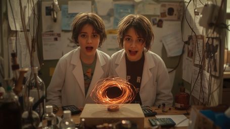 In a vibrant, cinematic photograph styled after a Pixar film, two excited teenage scientists, a boy and a girl, stand before 