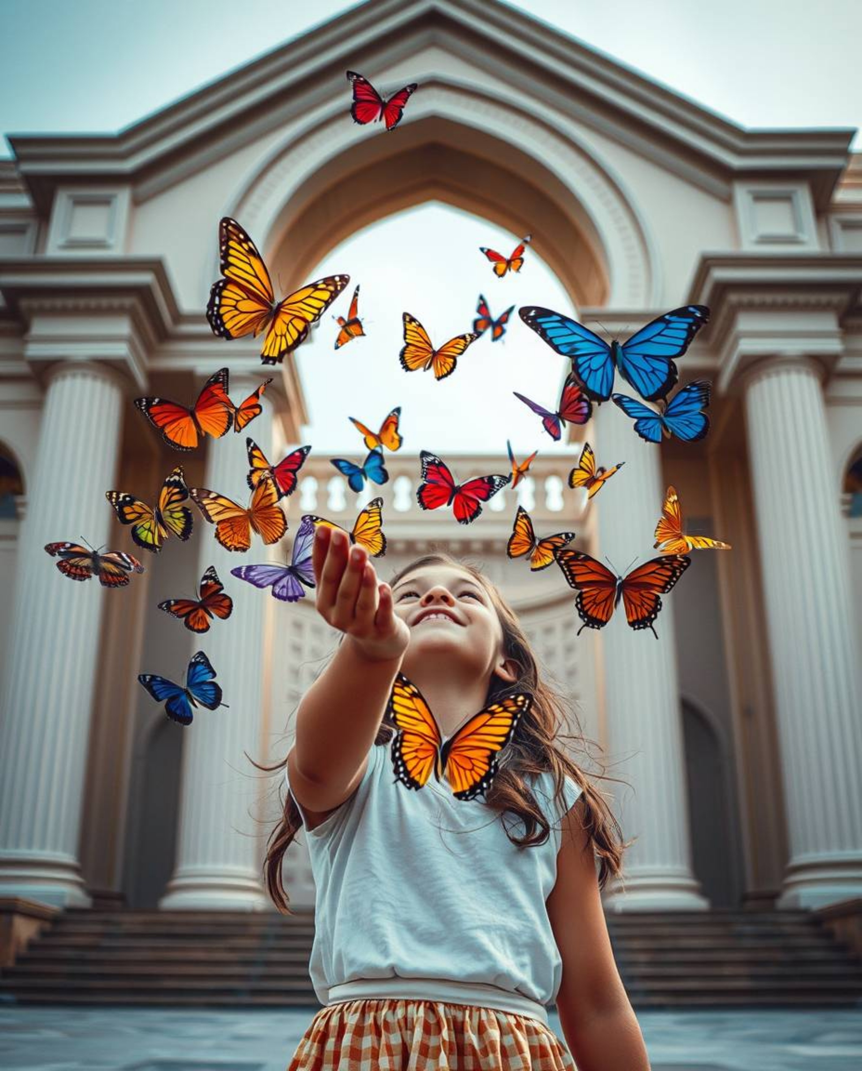 A captivating image featuring a girl releasing vibrant, colorful butterflies against a backdrop of precisely rendered archite