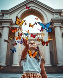 A captivating image featuring a girl releasing vibrant, colorful butterflies against a backdrop of precisely rendered archite