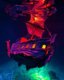 This mesmerizing artwork captures a shipwreck illuminated deep underwater, rendered in layered papier-mâché material with iri