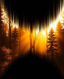 A captivating digital painting depicts a warm, golden forest scene overlaid with a striking digital glitch effect.  Strong ha