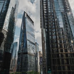 This sleek, glass-clad skyscraper stands tall in the center of a bustling modern financial district.  Surrounded by other imp