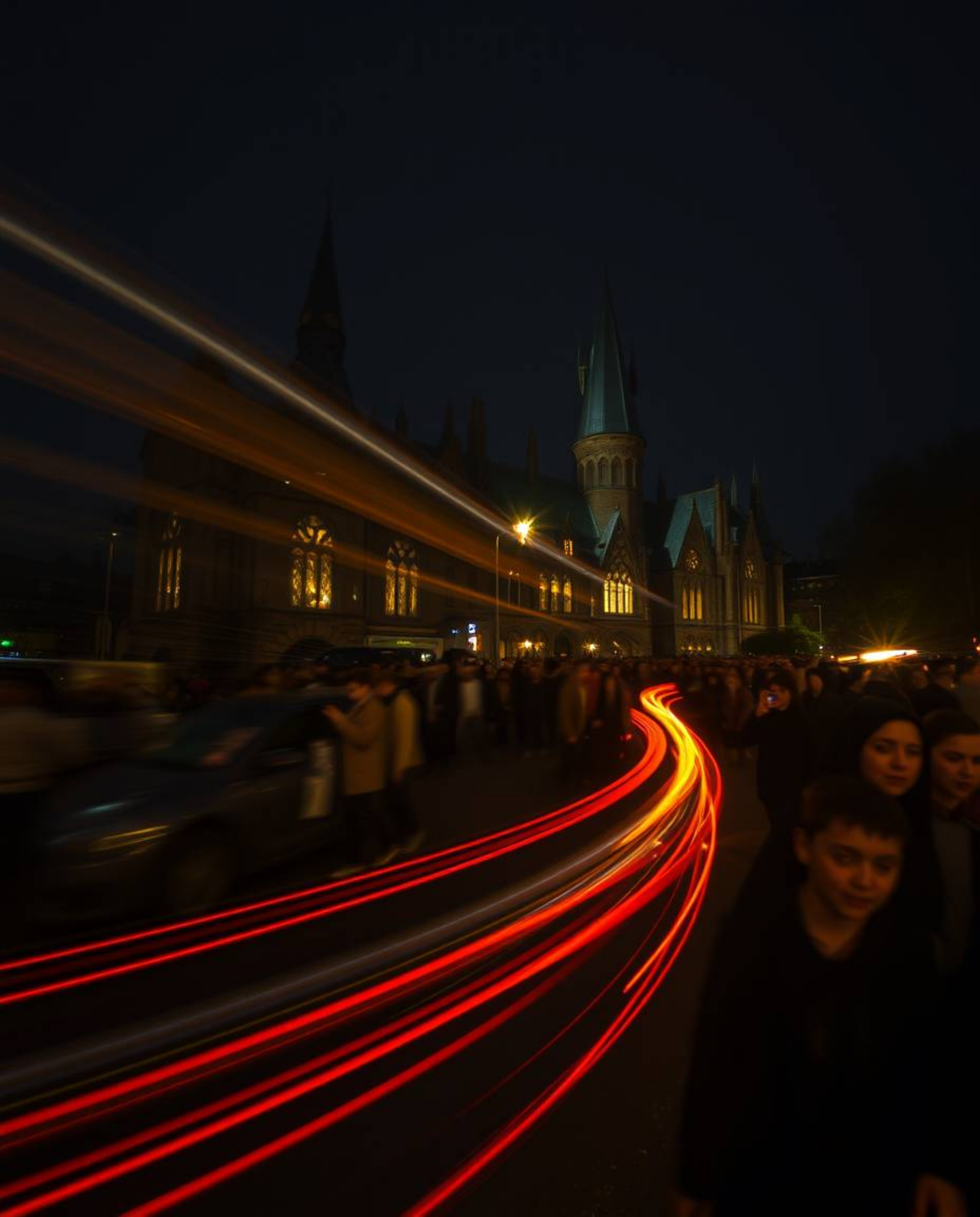 A captivating long exposure photograph showcases a magical school at night, filled with young wizards.  Motion-blurred light 