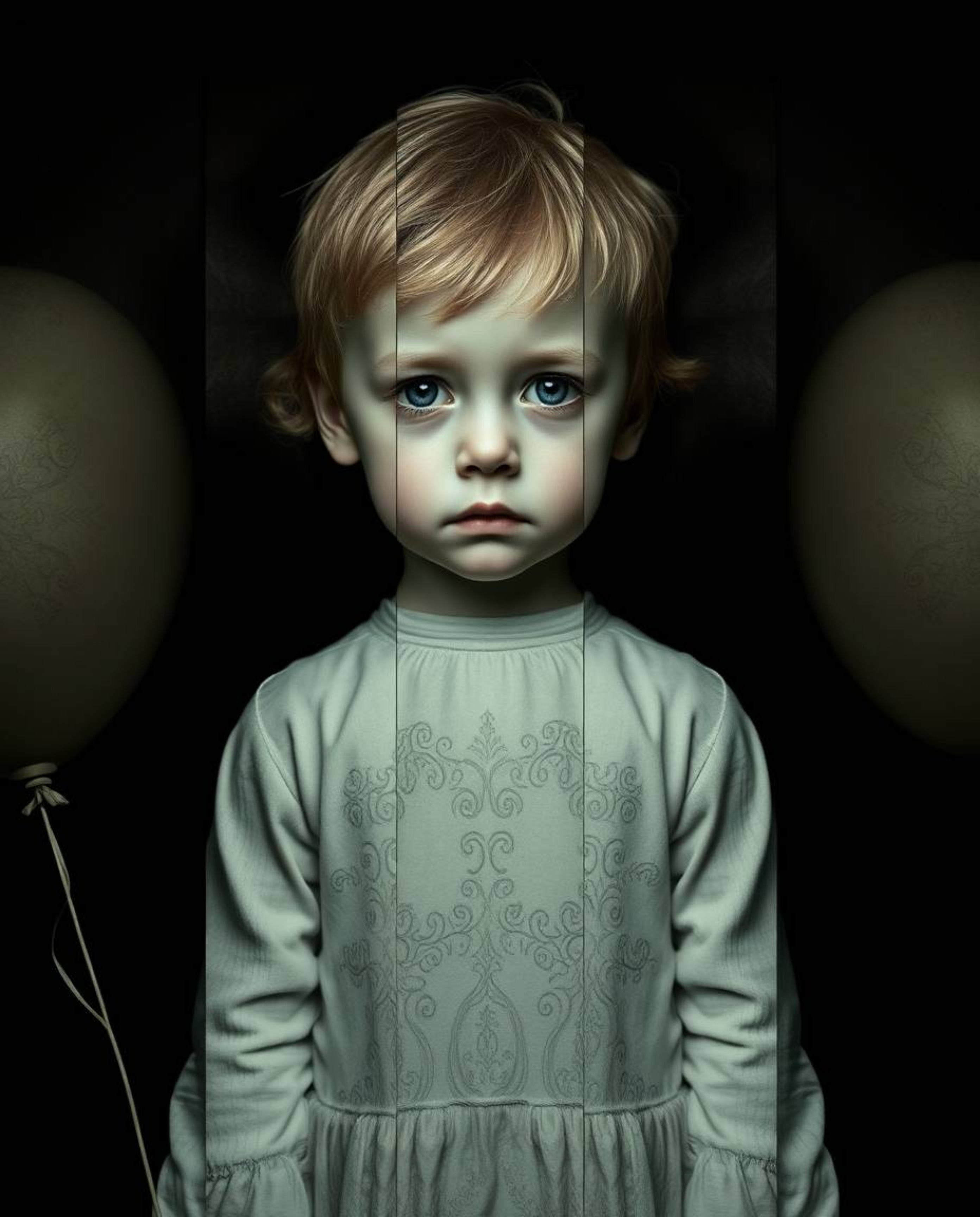 A digitally manipulated image showcases a pale child holding a balloon, split into sections with stark dark tones and unsettl