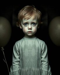 A digitally manipulated image showcases a pale child holding a balloon, split into sections with stark dark tones and unsettl