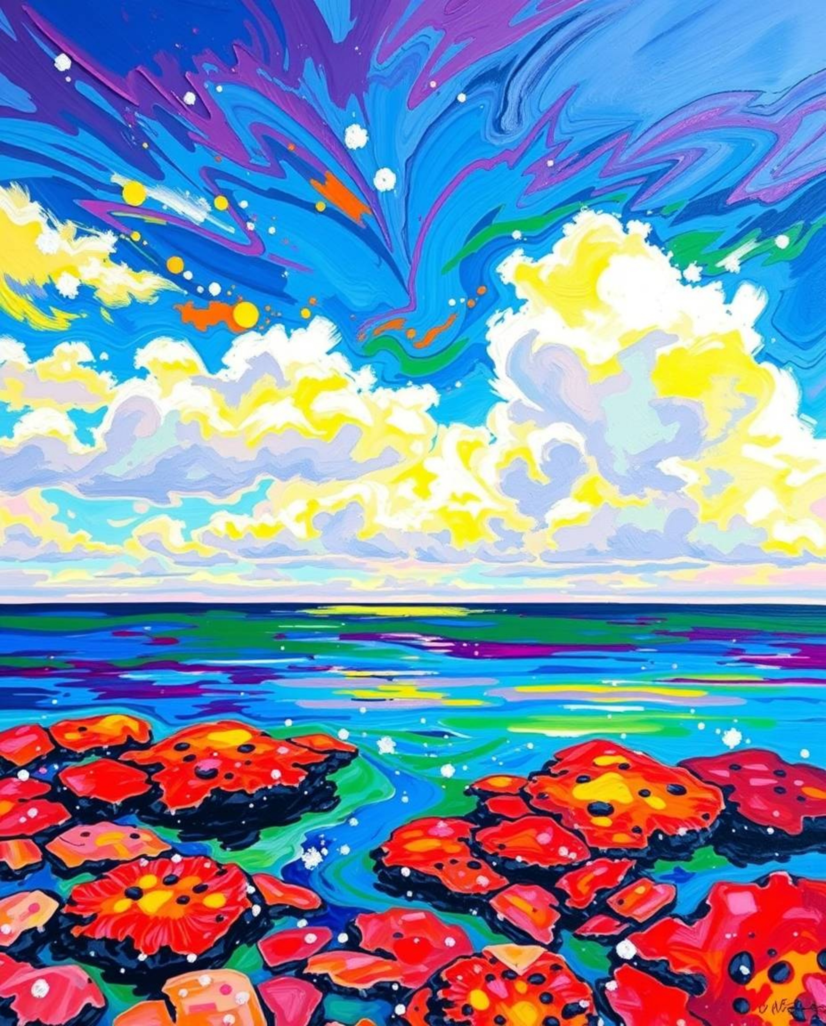 A bright, vibrant, and bold acrylic painting captures a colorful sky over a coral reef at low tide. This piece is defined by 