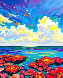 A bright, vibrant, and bold acrylic painting captures a colorful sky over a coral reef at low tide. This piece is defined by 