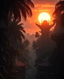 A photograph depicts a grand, epic scene of a sunset through a dense jungle canopy, featuring sharp lines and detailed archit