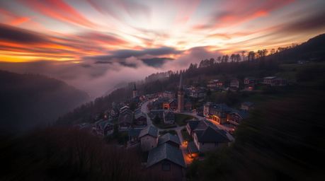 Experience the tranquility of a cozy village nestled in a valley, captured in a high-angle, long-exposure photograph. Bathed 