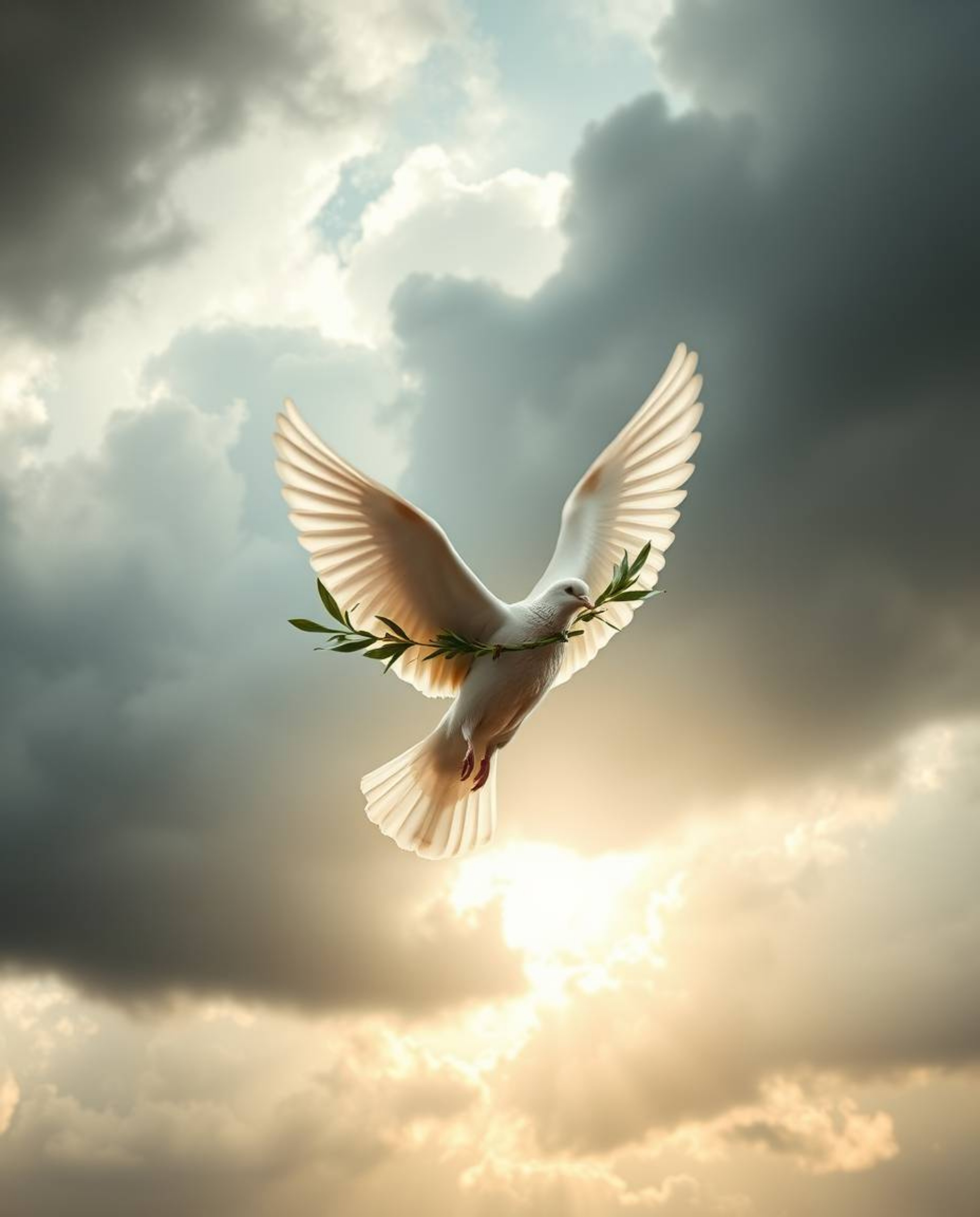 A captivating image depicts a dove carrying an olive branch amidst a dramatic, stormy sky.  Rendered in vibrant, bright color