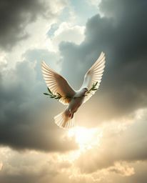 A captivating image depicts a dove carrying an olive branch amidst a dramatic, stormy sky.  Rendered in vibrant, bright color