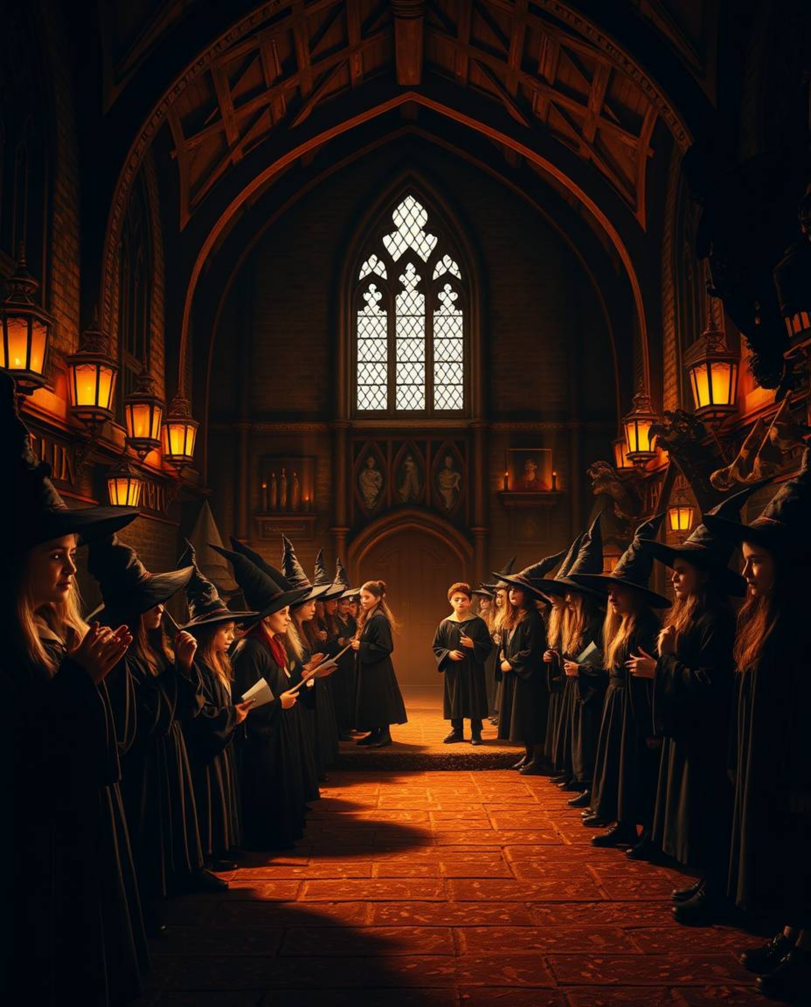 Discover a captivating image of a magical school brimming with young wizards.  The scene is bathed in high-contrast, low-key 