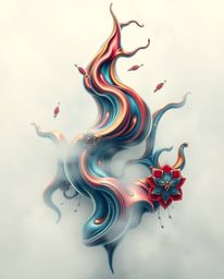 Explore a captivating symbolic tattoo art print featuring sculptural 3D fluid mercury shapes. This design showcases reflectiv