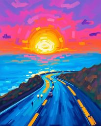 This bold acrylic painting depicts a sunset sky over a winding coastal highway, brought to life with glowing, bioluminescent 