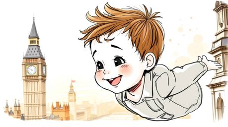 A charming hand-drawn sketch depicts an adorable young boy with chubby cheeks and a playful grin, soaring above London on pix