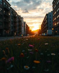 A unique image capturing a dramatic, cinematic spring sunset over a wildflower meadow through the lens of candid street photo