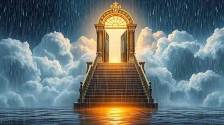 Immerse yourself in a wet and rainy scene featuring an adorable Heavenly gate floating above the clouds.  Ascending stairs le
