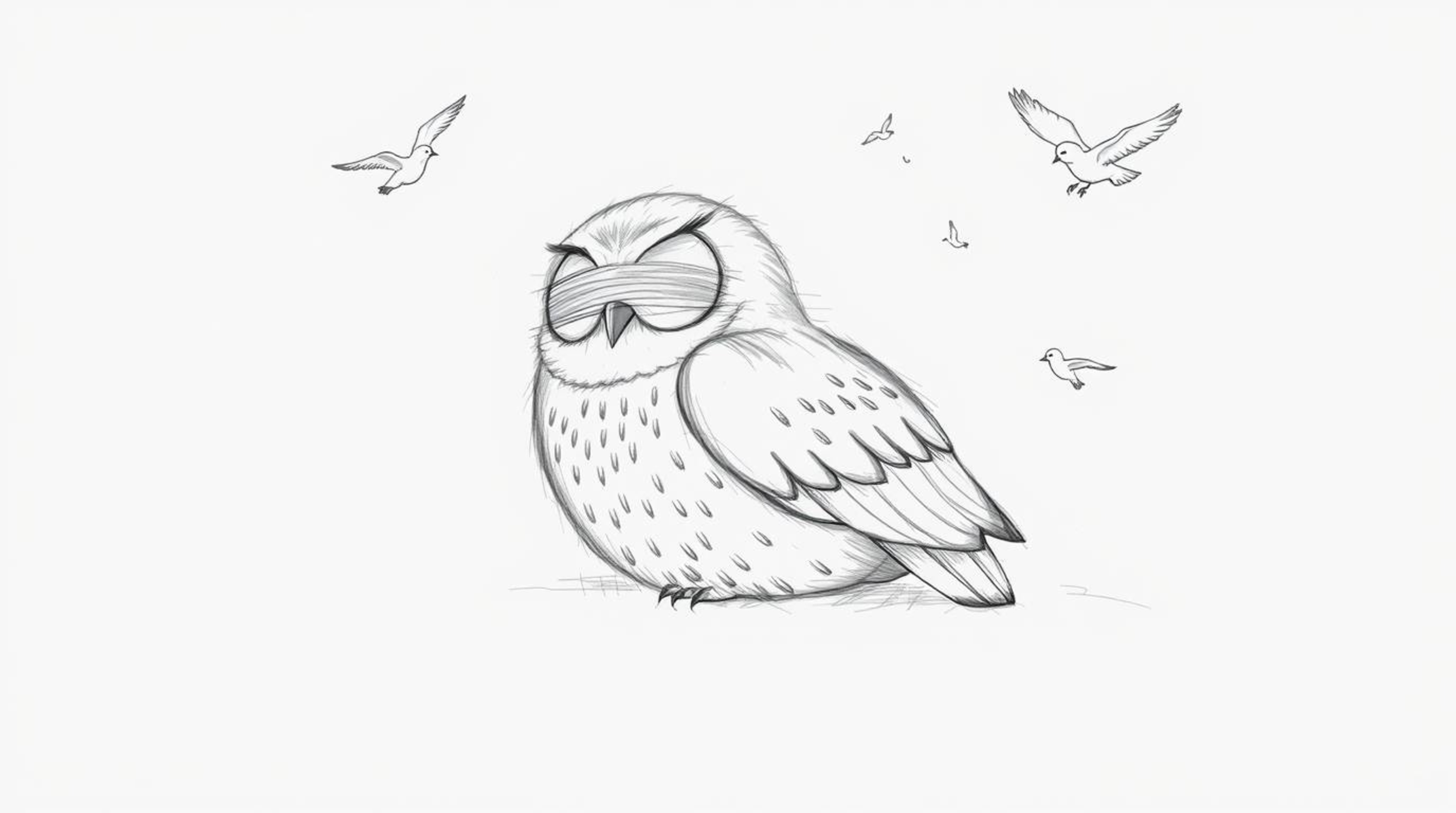 A charming hand-drawn sketch depicting a blind owl in Pixar style resting peacefully on a white background. Small birds circl